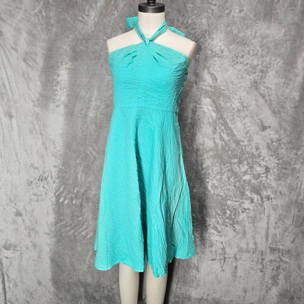 J.Crew Halter Dress Womens 10 Turquoise Textured Cotton Fit & Flare Retro Preppy